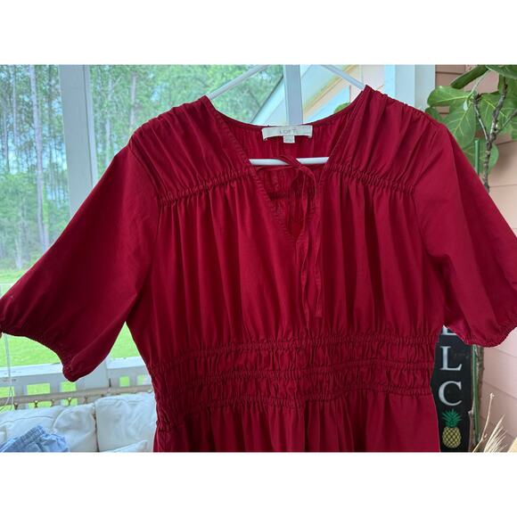 Loft Petite Shirred Tie Neck Midi Dress Rio Red Large - Picture 9 of 10